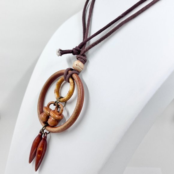 Faux Wood Dangle Brown Cord Over-the-Head 28” Necklace - Picture 3 of 6